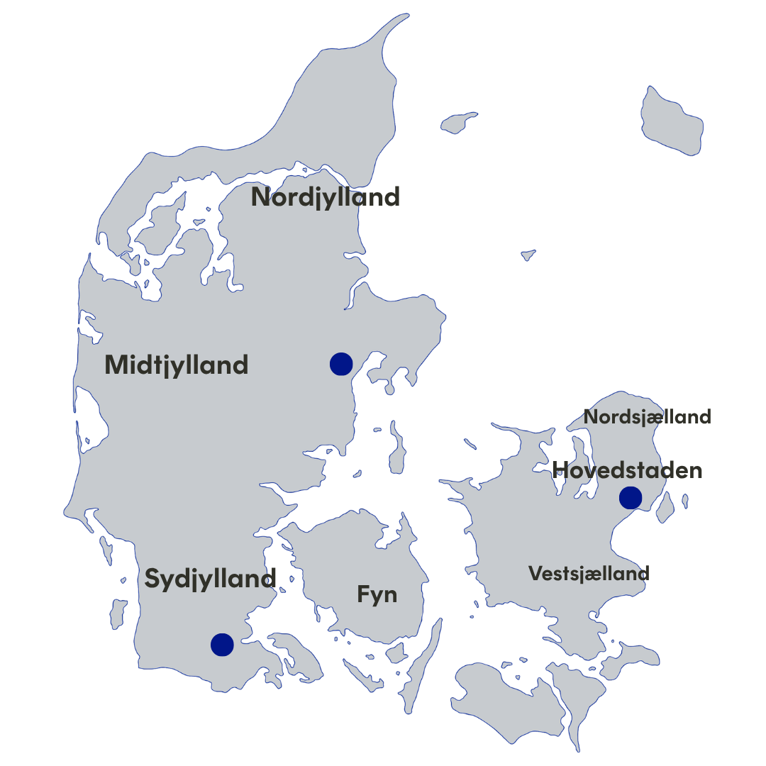Landskort over HB-Cares kontorer for speciel visiteret transport og specialkørsel i hele Danmark